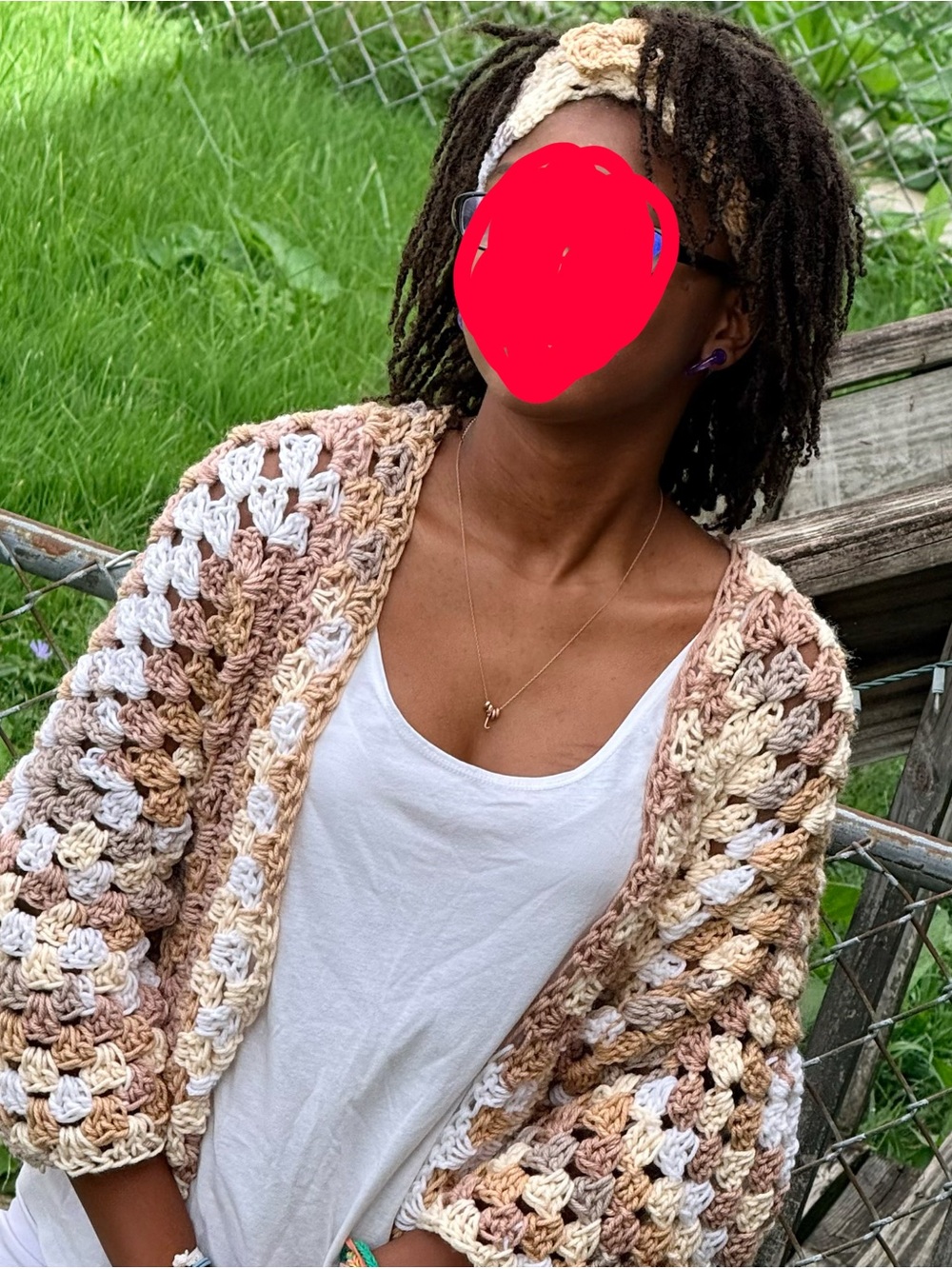 Hand Made Crocheted Granny Stitch Cardigan in Cream and Tan
